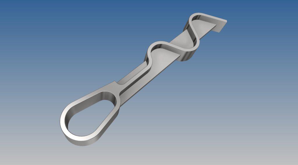 3D-CAD-Modell eines gebogenen Edelstahlhakens mit Schlaufenende und wellenförmiger Mittelstruktur