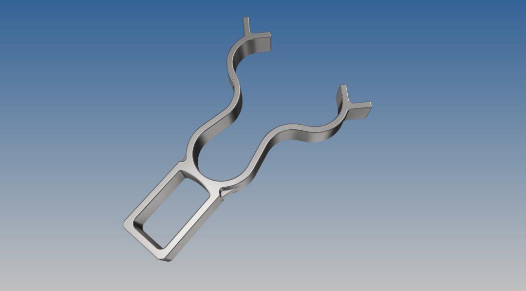 CAD-Modell eines metallischen Haltebügels mit doppelt geschwungener Struktur und rechteckiger Grifföffnung